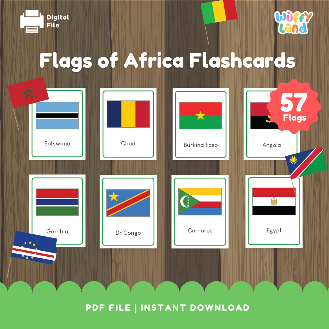 Flags of Africa Flashcards - 57 Educational Cards for Kids, Instant Download PDF