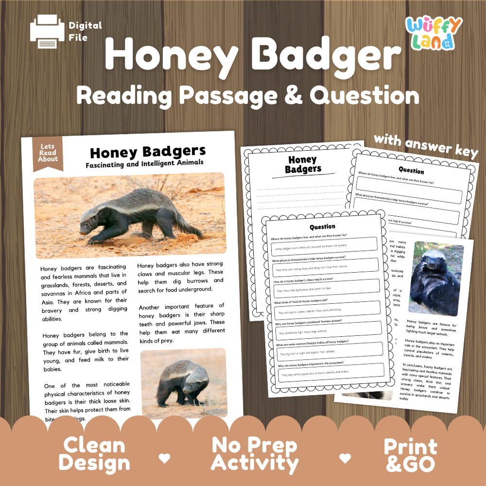 Honey Badger Reading Passage and Comprehension Questions with Answer Key Worksheets