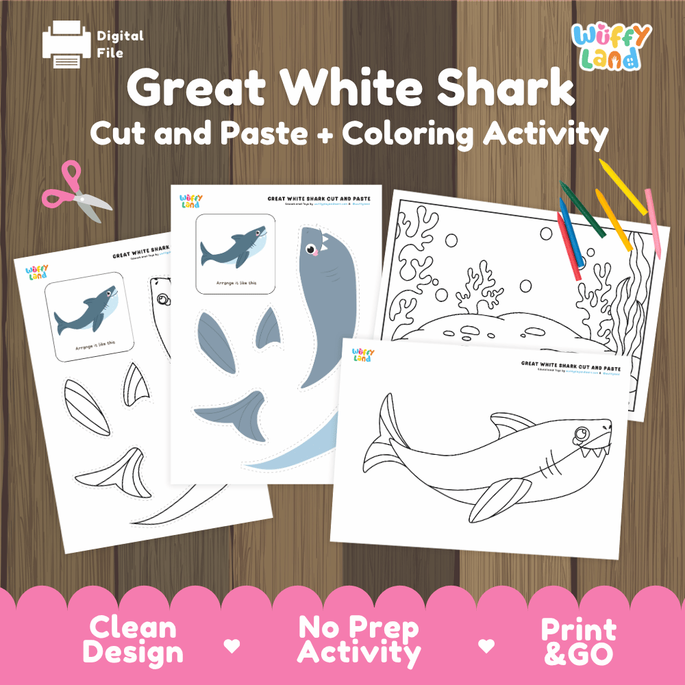 Great White Shark Cut and Paste and Coloring Activity Worksheets