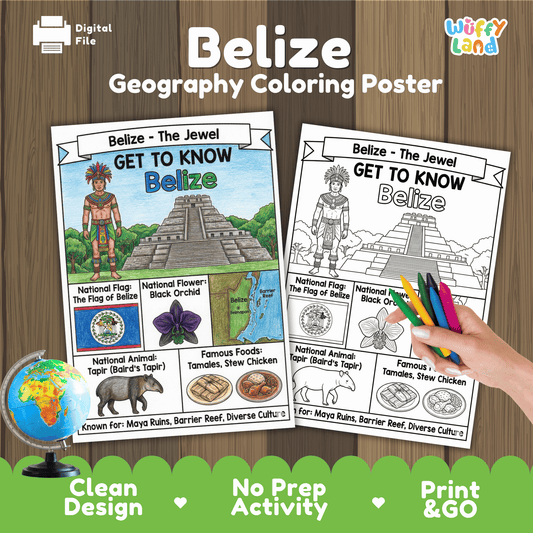 Belize Country Study Geography Coloring Page Worksheet Activity Poster