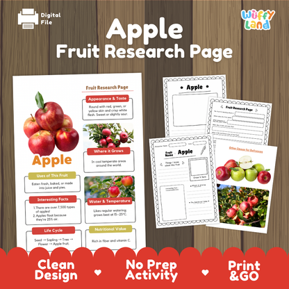 Apple Fruit Research Page Worksheets and Fact Sheet