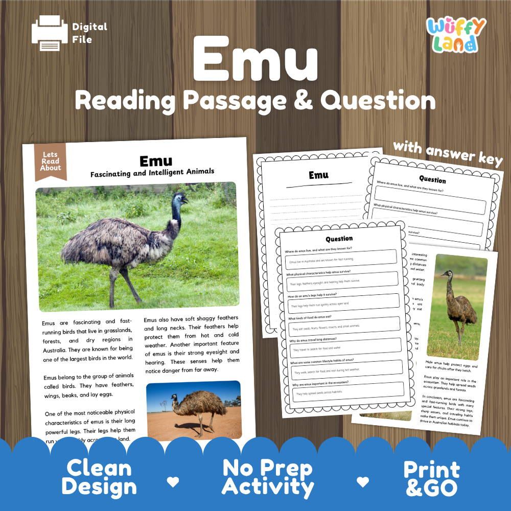 Emu Reading Passage and Questions Worksheets with Answer Key