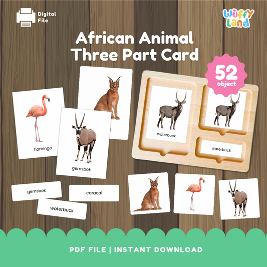 Safari Afrika 58 Hewan Montessori 3 Bagian Kartu Cetak dan Pergi 