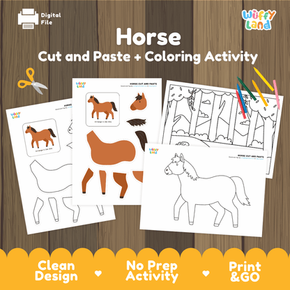 Horse Cut and Paste and Coloring Activity Worksheets