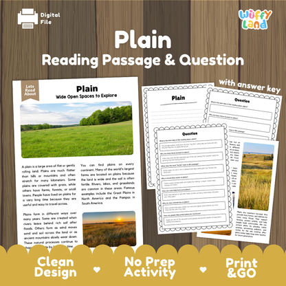 Plain Reading Passage and Comprehension Questions Worksheets Landforms