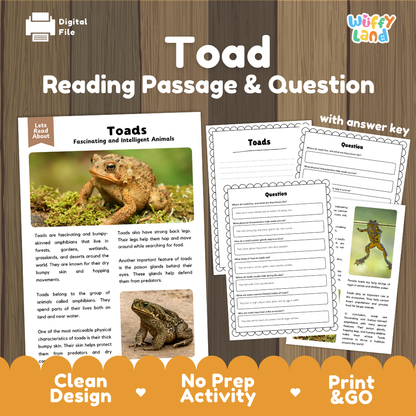 Toad Reading Passage and Comprehension Questions Worksheets with Answer Key