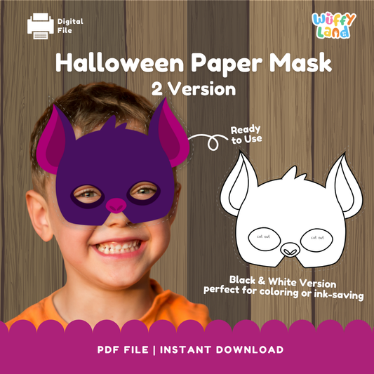 Halloween Bat Paper Mask Printable (Color + B&W) | PDF Costume Craft for Kids