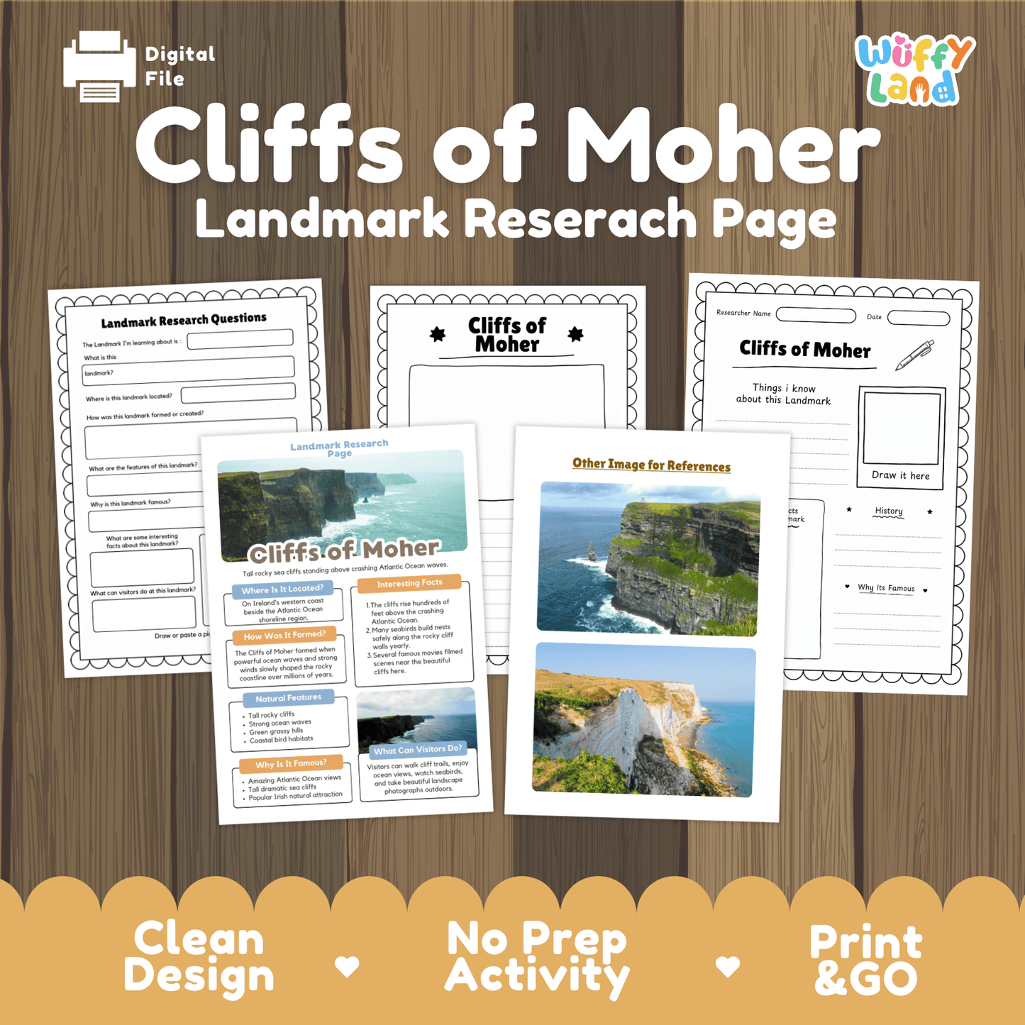 Cliffs of Moher Landmark Research Page Worksheets and Fact Sheet Activity
