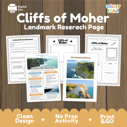 Cliffs of Moher Landmark Research Page Worksheets and Fact Sheet Activity