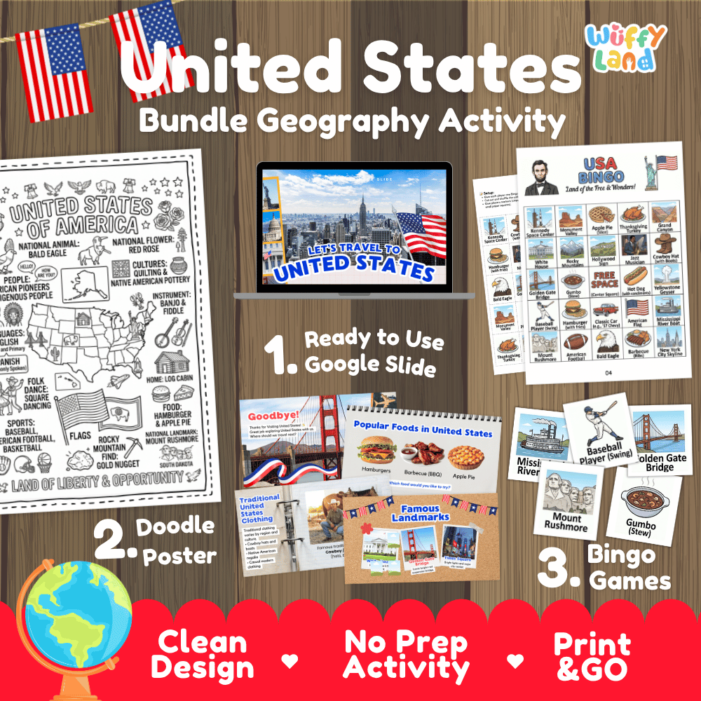 United States Country Study Bundle Geography Activity: Ready-to-Use Google Slides, Doodle Coloring Poster & Bingo Games