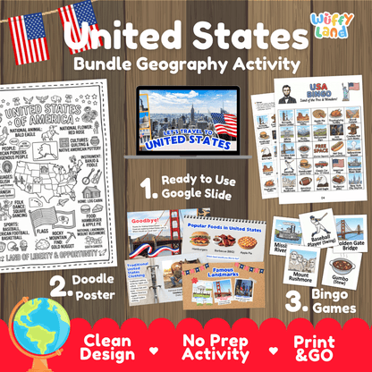United States Country Study Bundle Geography Activity: Ready-to-Use Google Slides, Doodle Coloring Poster & Bingo Games