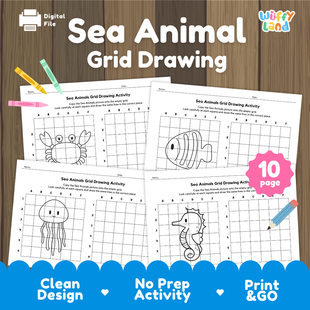 Sea Animals Grid Drawing Activity Worksheets
