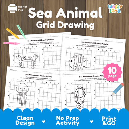 Sea Animals Grid Drawing Activity Worksheets