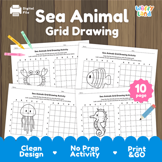 Sea Animals Grid Drawing Activity Worksheets