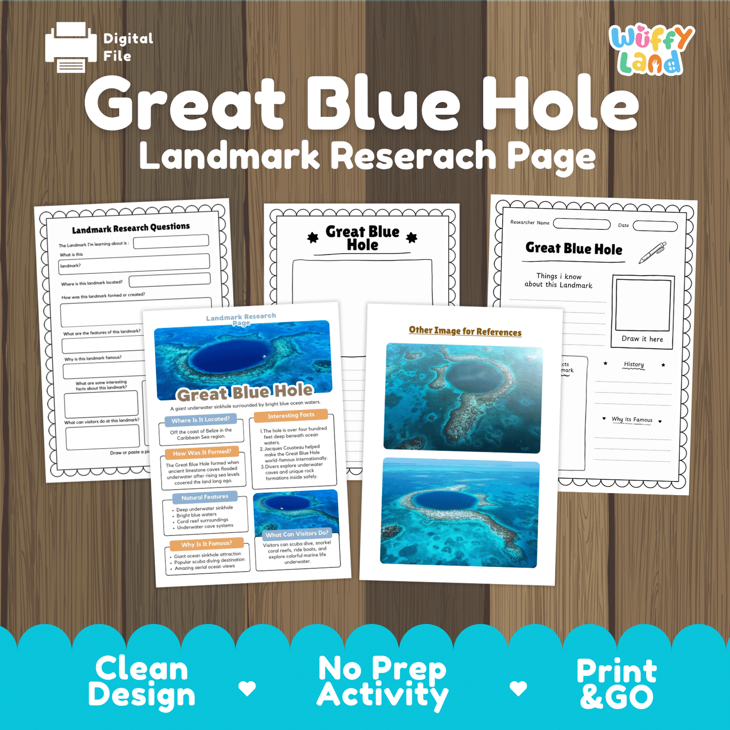 Great Blue Hole Landmark Research Page Worksheets and Fact Sheet Activity