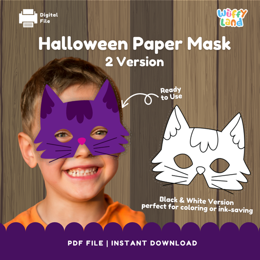 Halloween Black Cat Paper Mask – Printable Craft (Color + B&W)