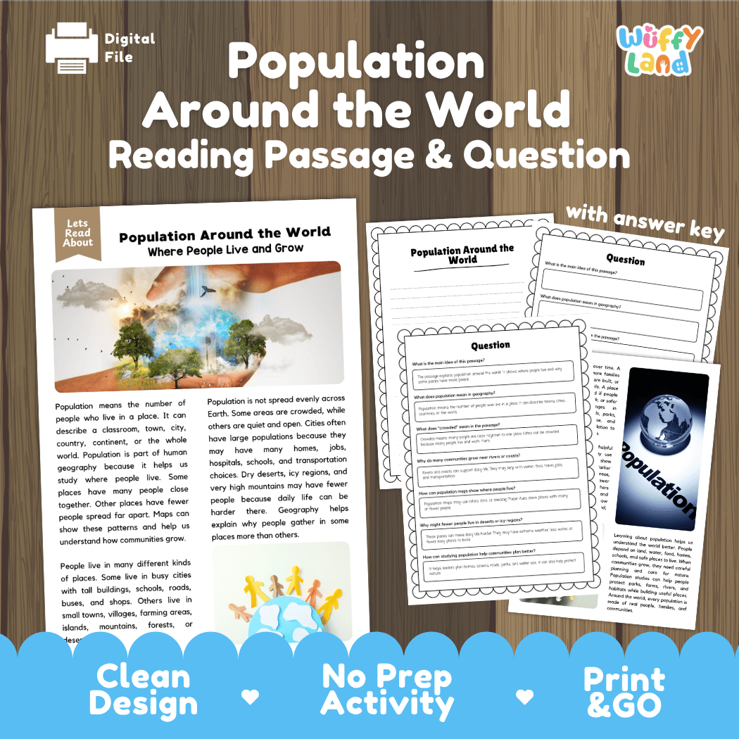 Population around the world reading comprehension passage and questions printable activity pack with answer key for elementary students