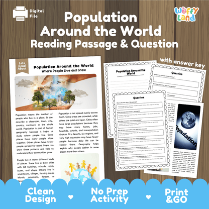 Population around the world reading comprehension passage and questions printable activity pack with answer key for elementary students