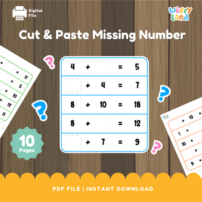Lembar Kerja Potong dan Tempel Angka yang Hilang - Pusat Matematika - Latihan Penjumlahan