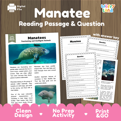 Manatee Reading Passage and Comprehension Questions with Answer Key Worksheets