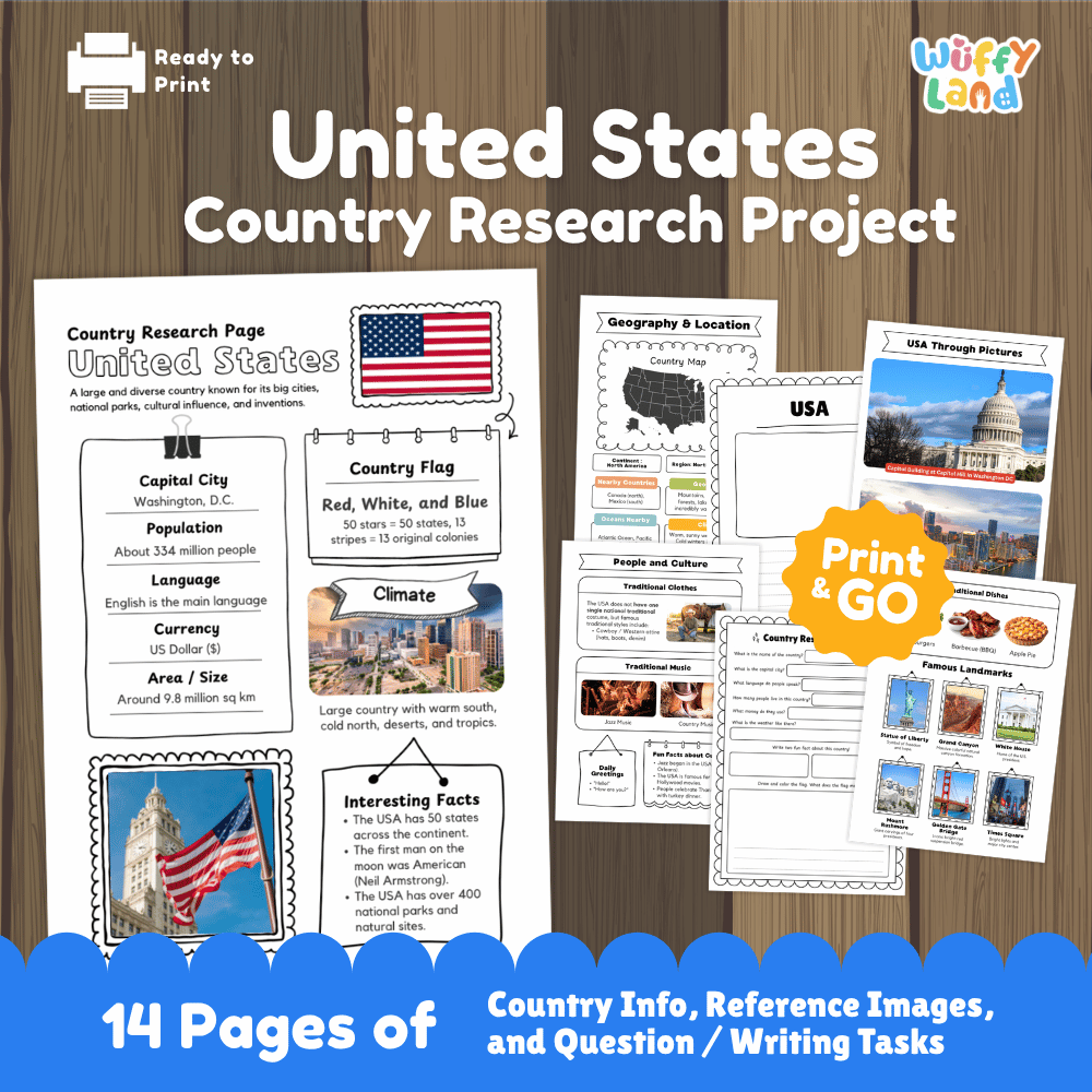 United States Country Research Project Worksheets and Activity Pages
