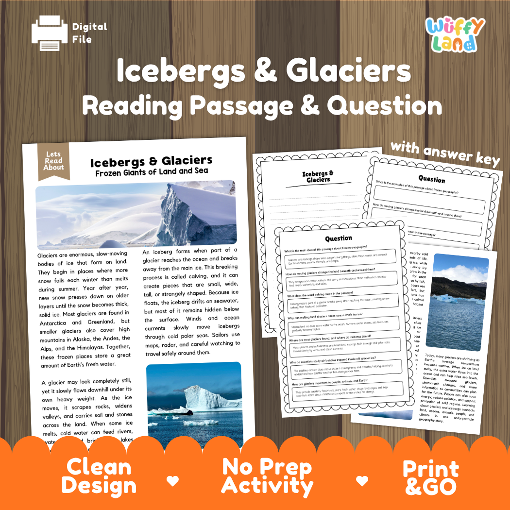 Icebergs & Glaciers Reading Comprehension Passage and Questions Activity Pack
