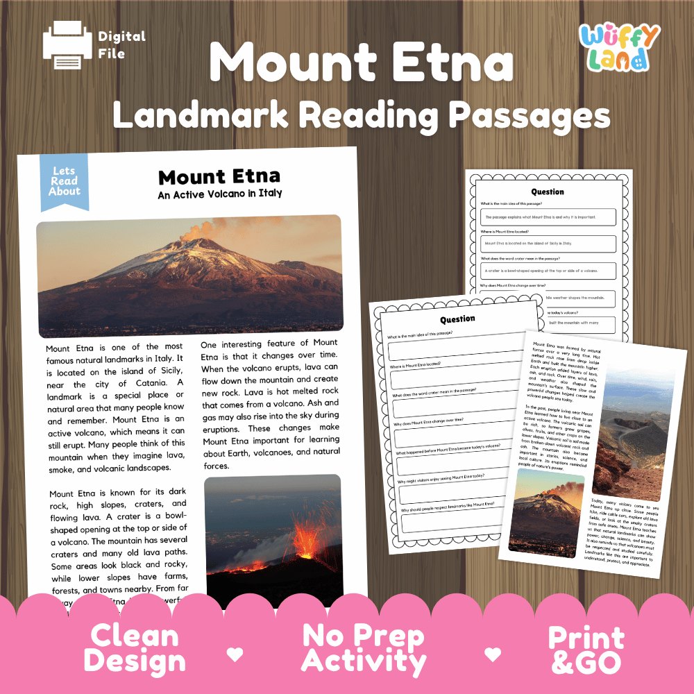 Mount Etna Landmark Reading Passages and Comprehension Worksheets