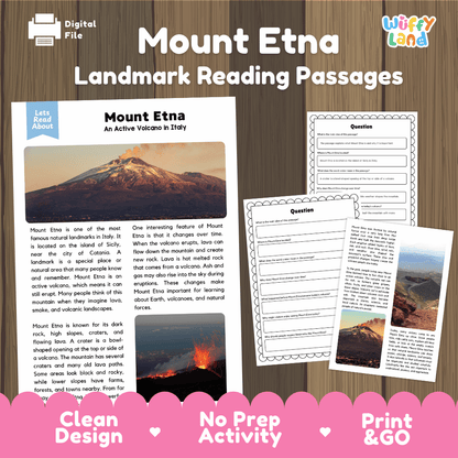Mount Etna Landmark Reading Passages and Comprehension Worksheets