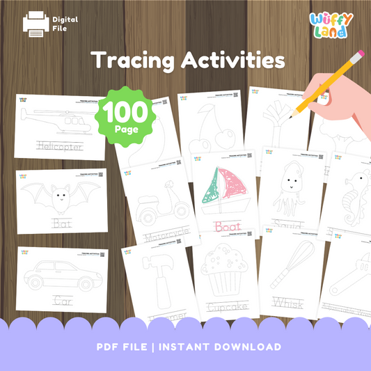 100 Pages Tracing Activities for Kids - Fun Educational Printable Worksheets - Learn Letters, Numbers Shapes