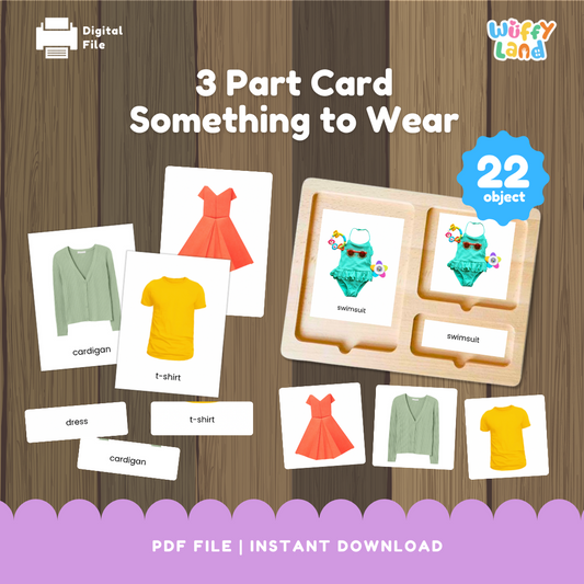 Kartu 3 Bagian Inspirasi Montessori untuk Kosakata Pakaian dengan Gambar Asli 