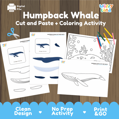 Humpback Whale Cut and Paste Craft and Coloring Activity Worksheets