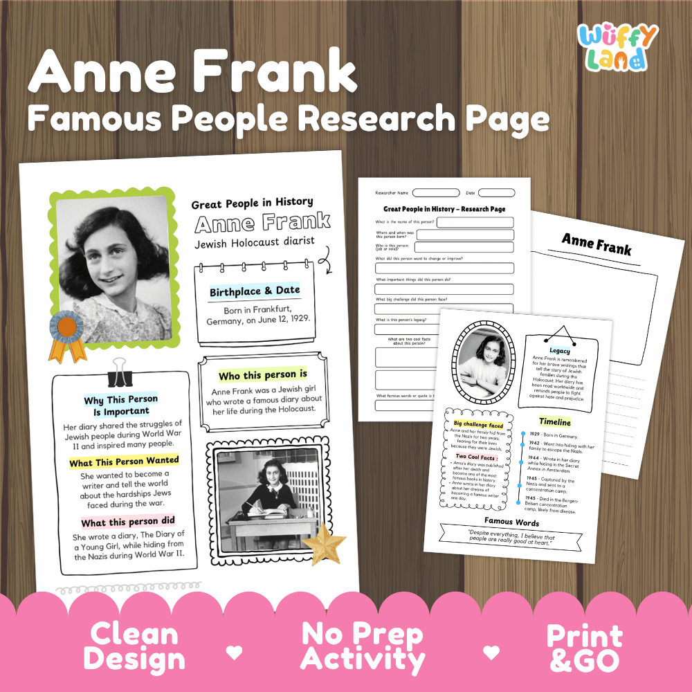 Anne Frank Famous People Research Page Worksheets and Biography Activity