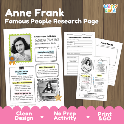 Anne Frank Famous People Research Page Worksheets and Biography Activity