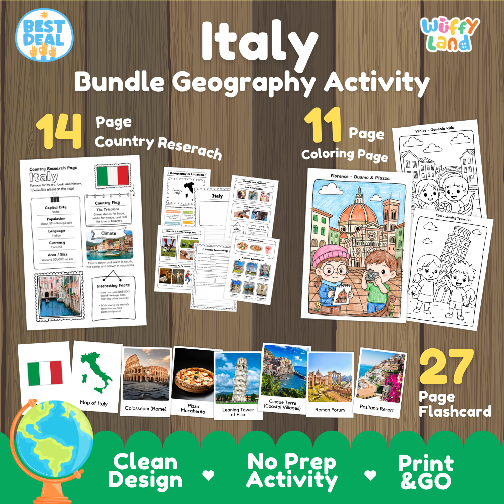 Italy Geography Activity Bundle Research Coloring Pages and Flashcards