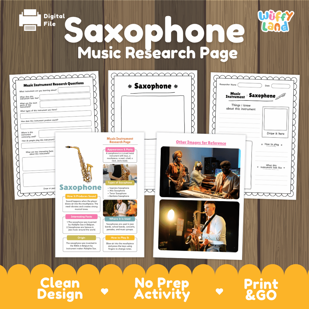 Saxophone Music Research Page Worksheets