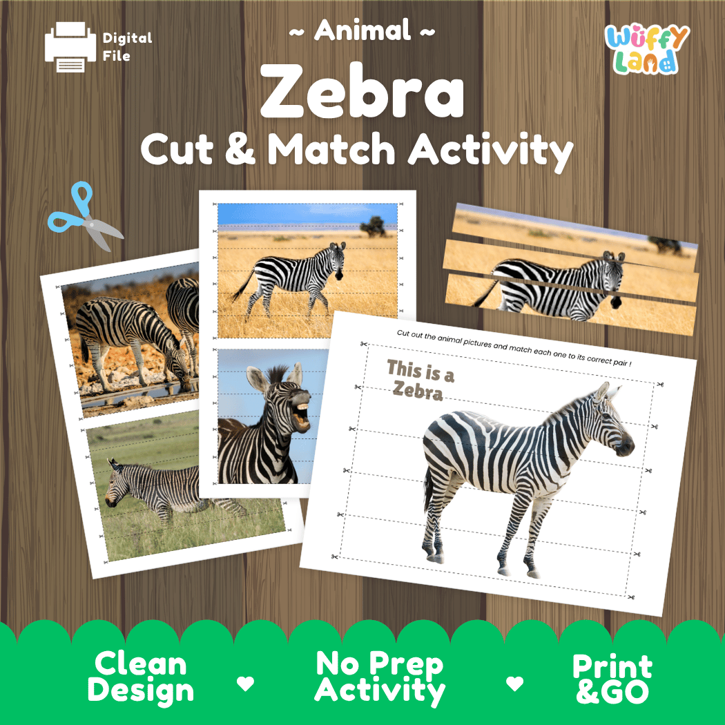 Zebra Cut and Match Activity Worksheets | Safari Animal Puzzle Printables