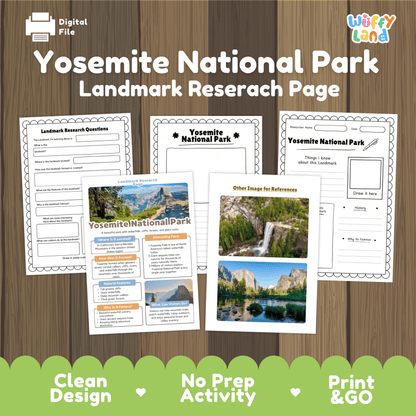 Yosemite National Park Landmark Research Page Worksheets and Fact Sheet Activity
