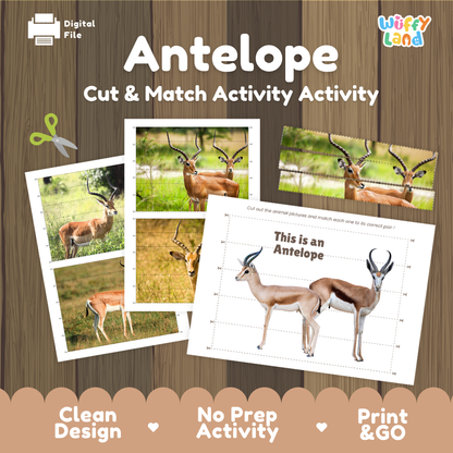 Antelope cut and match activity sheet set by Wiffy Land, featuring animal photos and a matching worksheet on a wood-textured background with promotional text.