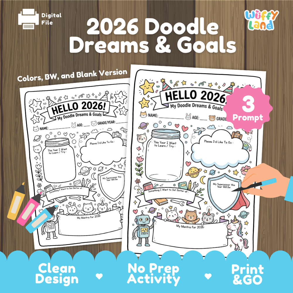 Digital printable activity sheet titled '2026 Doodle Dreams & Goals' shown on a wood background with product callouts. The sheet is black-and-white with colorful doodle prompts and sections for name, year, favorite thing, goals, and a jar label.