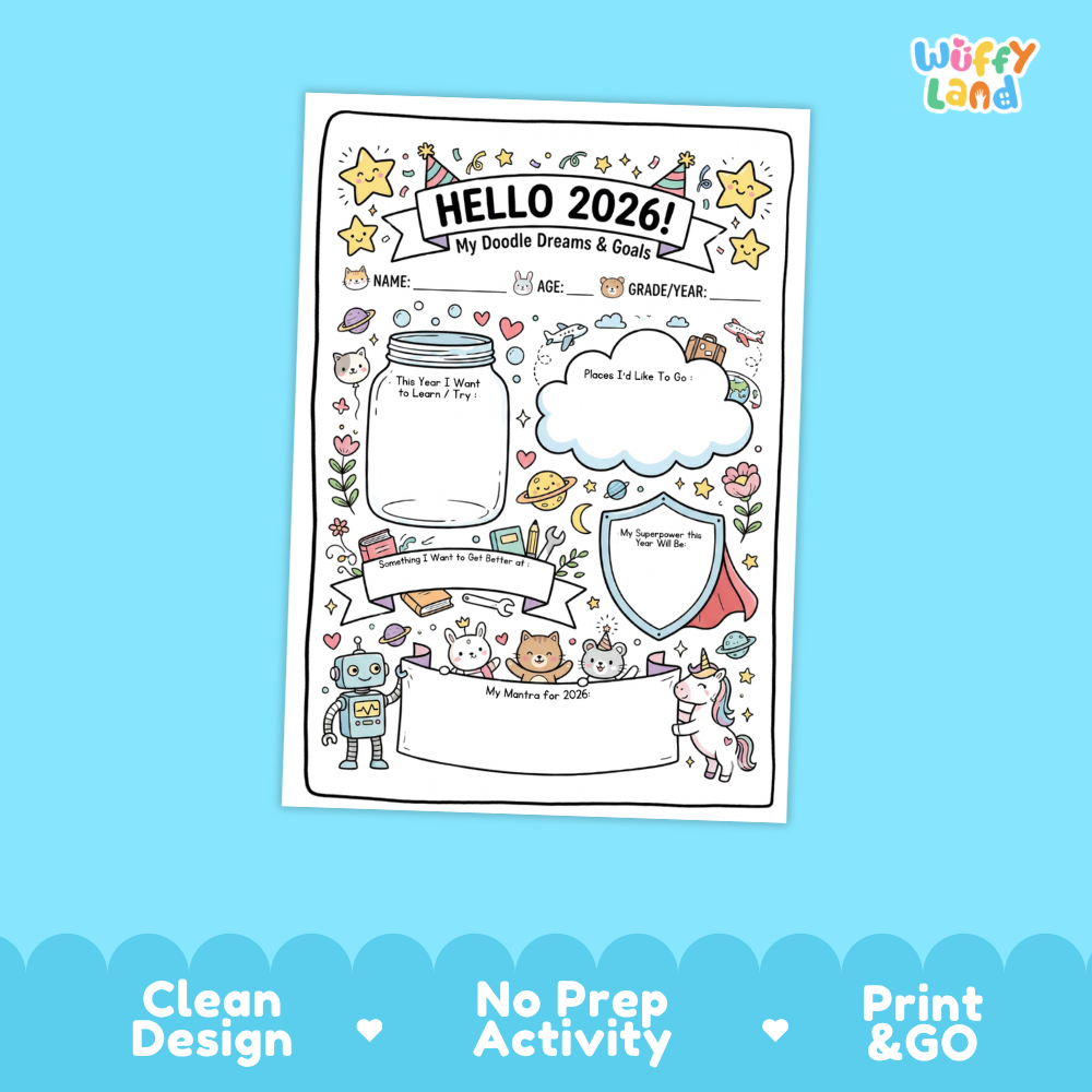 A printable activity sheet titled 'HELLO 2026! My Doodle Dreams & Goals' shown on a light blue background. The sheet contains cute doodle illustrations such as a jar, cloud, shield, robot, cat, unicorn, and stars, plus fill-in lines for name, age, and grade/year.