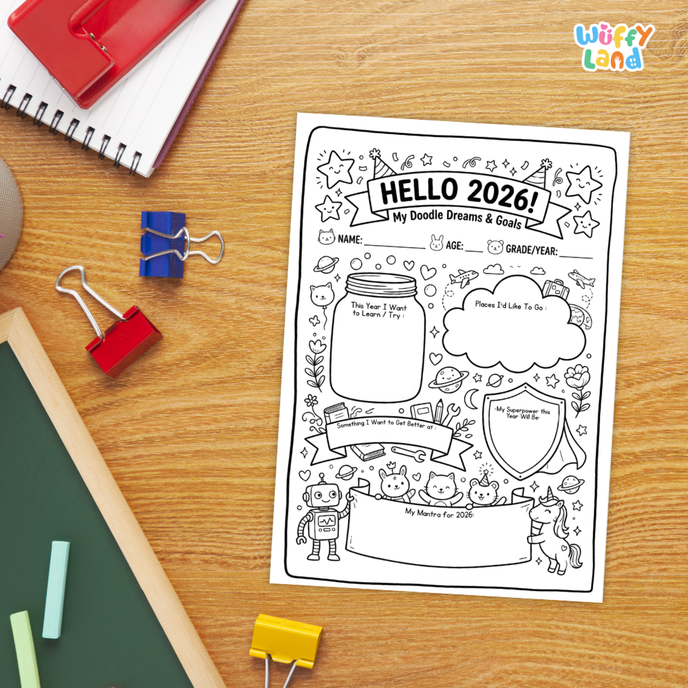 A black-and-white printable worksheet titled 'HELLO 2026! My Doge Dreams & Goals' placed on a wooden desk, surrounded by school supplies including a spiral notebook, binder clips, chalk, and a green board. The 'Wiffy Land' logo appears in the top right corner.