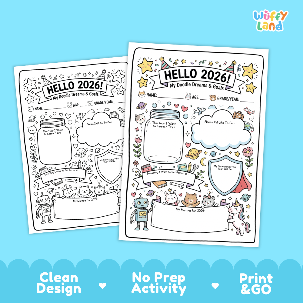 Two printable worksheet pages titled 'HELLO 2026! My Doodle Dreams & Goals' shown on a light blue background with promotional text at the bottom. The pages are black-and-white line drawings with colorful doodle icons such as stars, clouds, a jar, robot, astronaut, and cartoon characters.