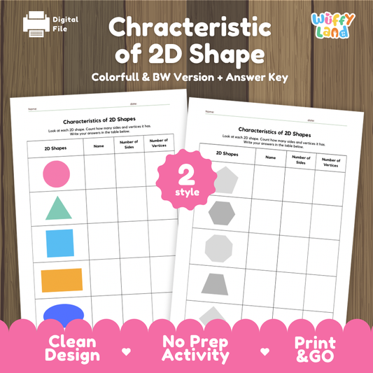 Printable 2D shapes characteristics worksheet for kids to identify shape names, number of sides and vertices