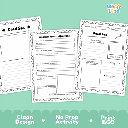 Dead Sea Landmark Research Page Worksheets and Fact Sheet Activity