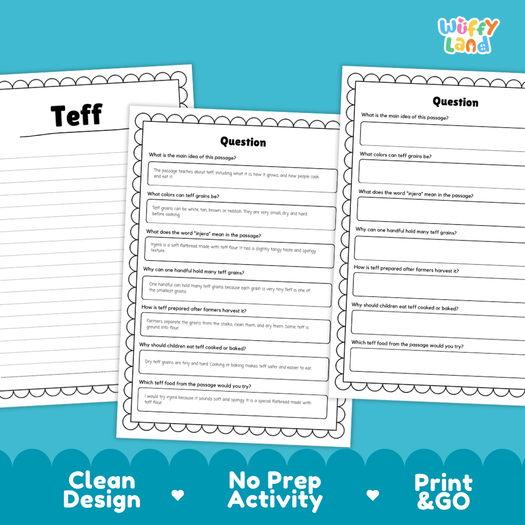 Teff Reading Passage and Comprehension Questions Worksheets with Answer Key