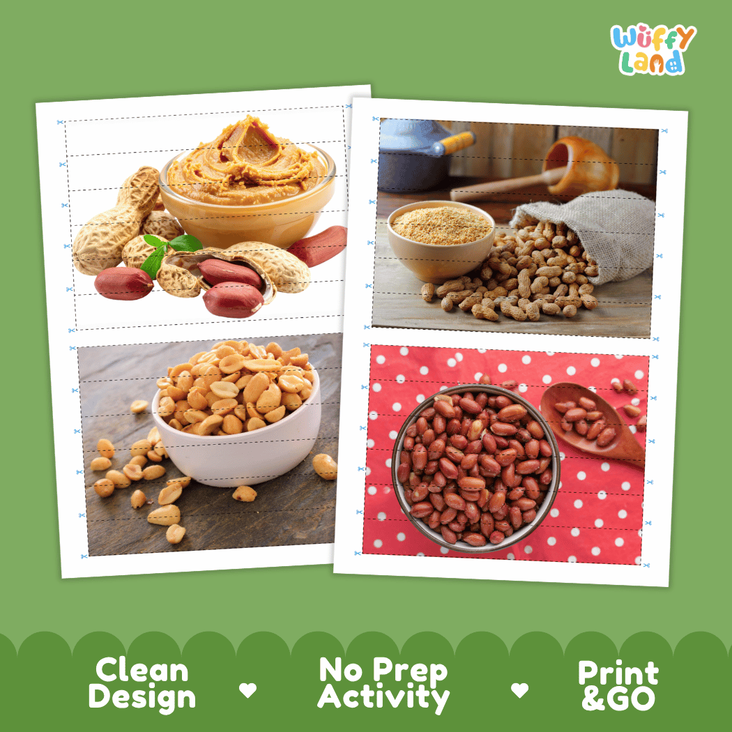 Peanut Cut and Match Activity Worksheets | Nuts and Dried Fruits Puzzle Printables