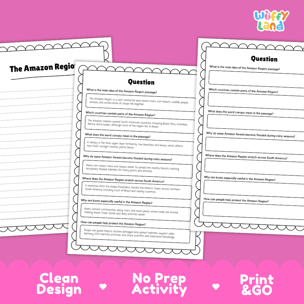 The Amazon Region Reading Comprehension Passage and Questions Activity Pack