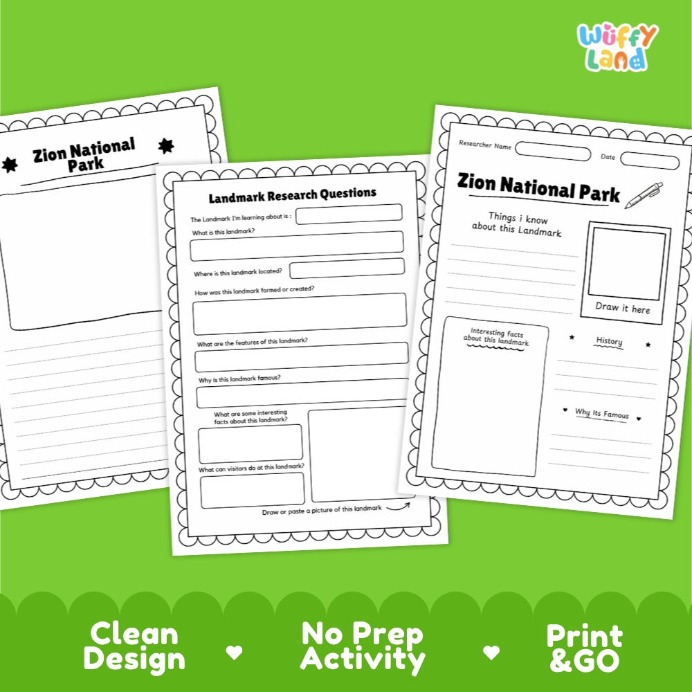 Zion National Park Landmark Research Page Worksheets and Fact Sheet
