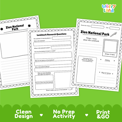 Zion National Park Landmark Research Page Worksheets and Fact Sheet