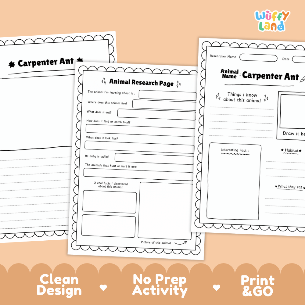 Carpenter Ant Animal Research Page and Worksheets